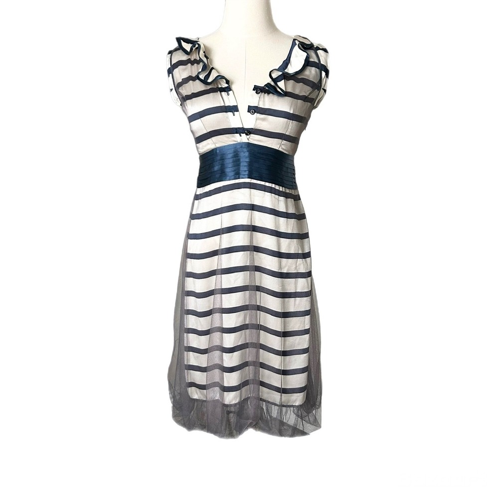 Jean's Paul Gaultier Striped Mesh Overlay Dress Navy Cream Ruffle V-Neck Small